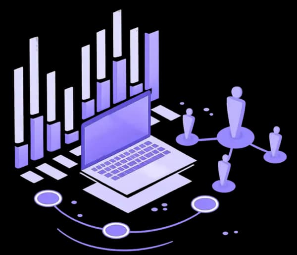 Market charts and connected data points on a laptop screen
